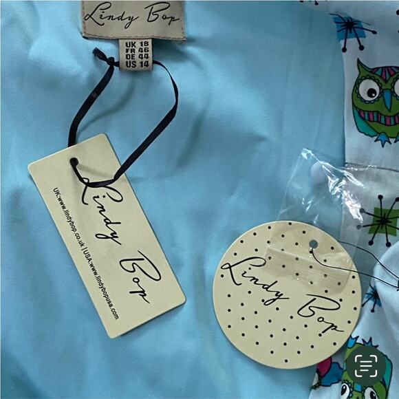 Lindy Bop UK 14 Dress Retro Plus 50s Pinup Cotton Stretch RARE Atomic Owls 40s - Picture 4 of 11